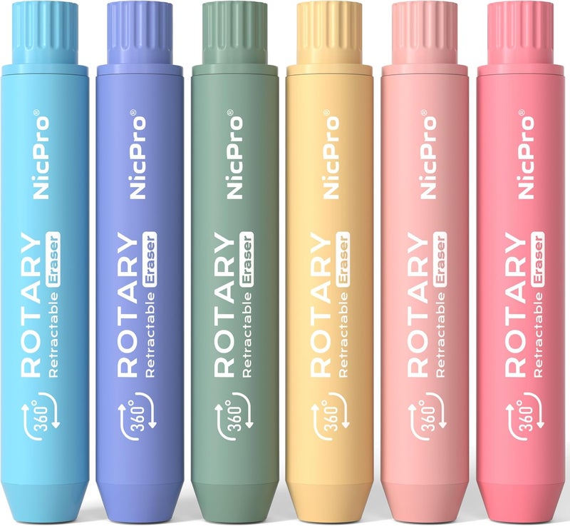 Nicpro 6 Pack Rotary Retractable Erasers, Soft TPE Twist Erasers in Cute Rainbow Colors, Clean Erasing Large Pencil Eraser for Students Kids, School Supplies, Office, Stationary, Drawing & Journaling - Image 1